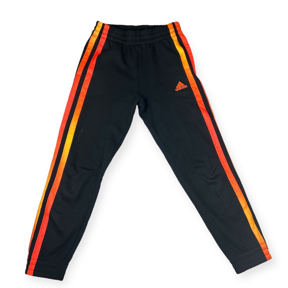 Adidas Black Sweat Pants Fire Red Orange Stripes Youth Kids Size M 10/12